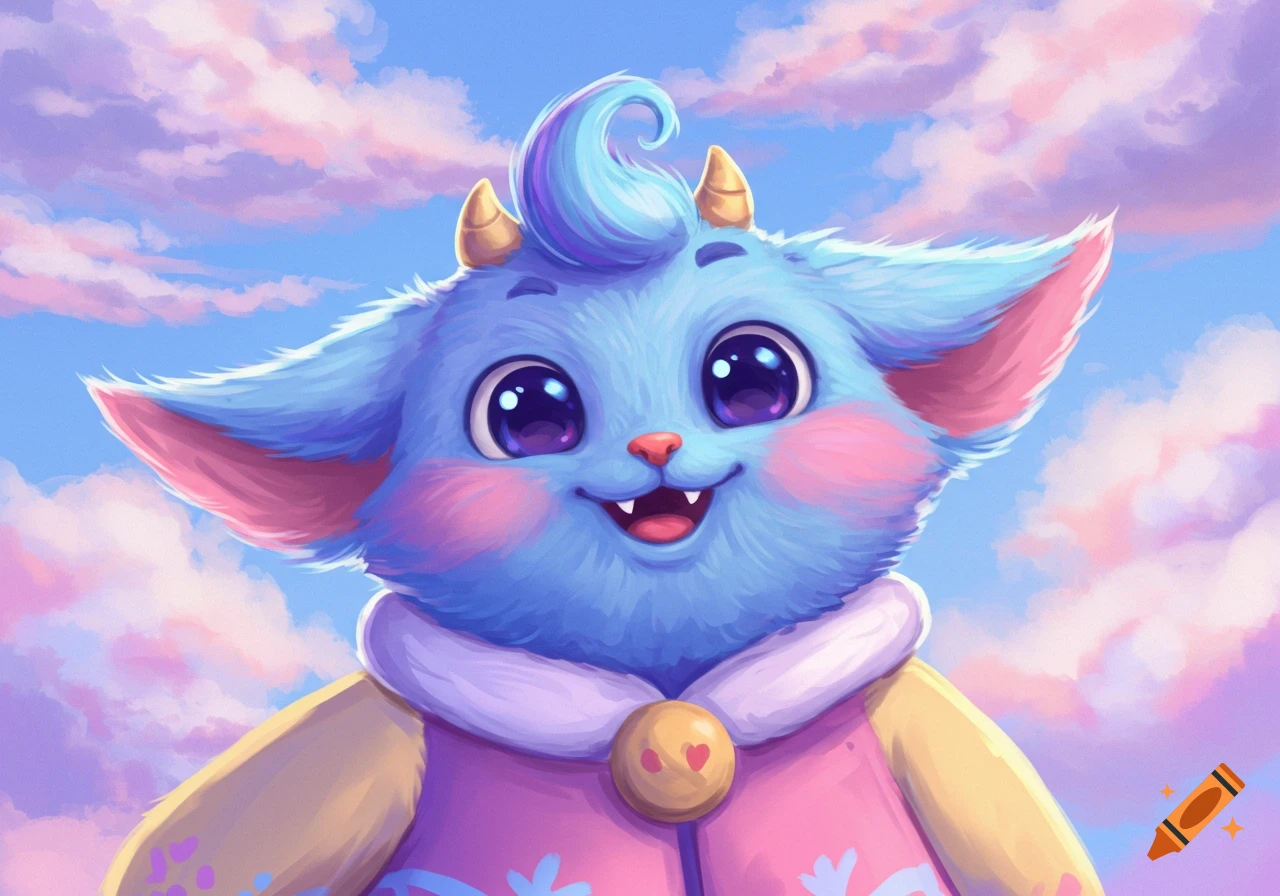 Cute blue fluffy fantasy creature illustration against a pastel cloudy sky.