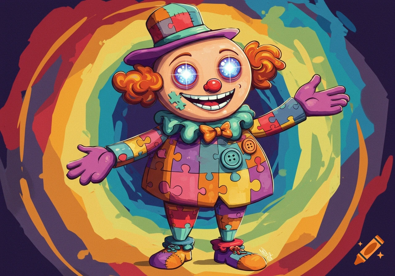 A cartoon illustration of a clown-like figure made of colorful puzzle pieces, with sparkling eyes, standing against a rainbow swirl background.