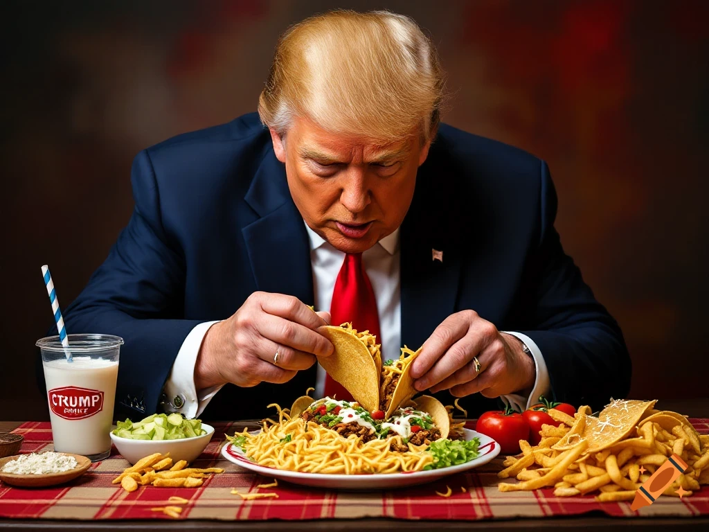 A person resembling Donald Trump eats tacos and french fries at a table ...