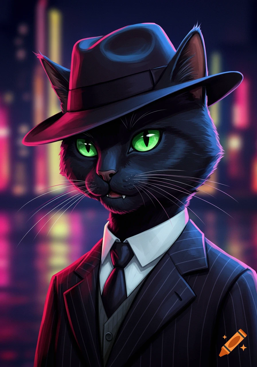 Black cat wearing a pinstripe suit and fedora hat against a blurred neon city background.