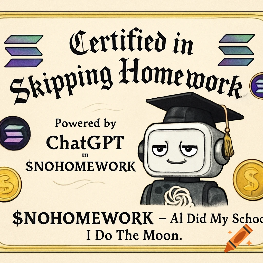 A cartoon certificate shows a robot in a graduation cap next to text that reads 'Certified in Skipping Homework', 'Powered by ChatGPT', and '$NOHOMEWORK'. It includes Solana logos and gold coins.