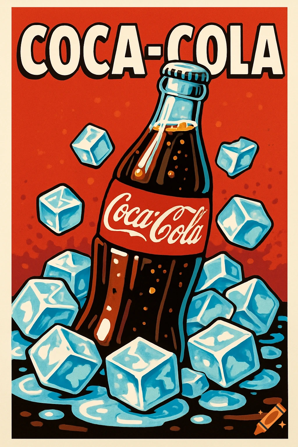 Graphic design poster of a Coca-Cola bottle surrounded by ice.