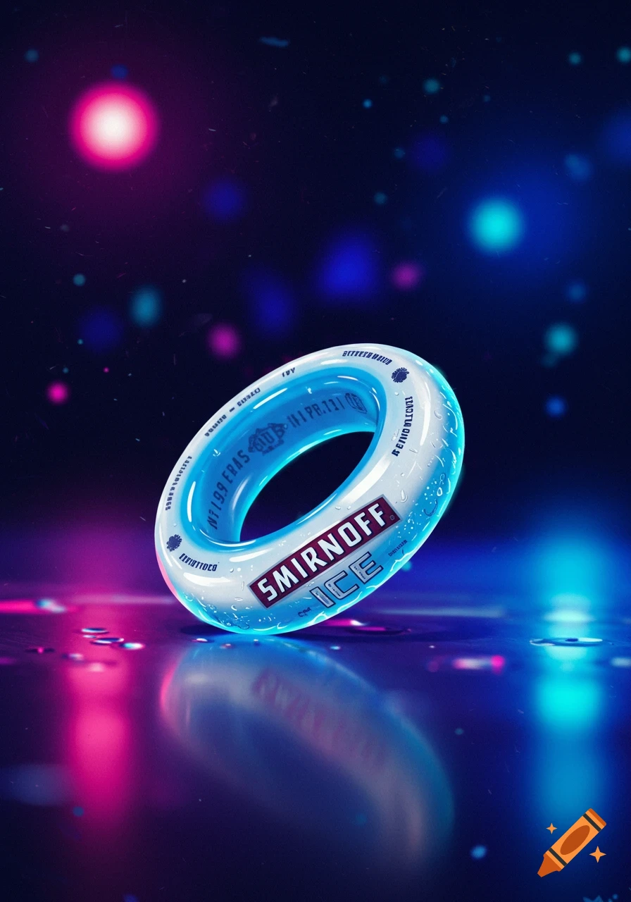 Smirnoff Ice branded plastic ring reflecting on a wet surface with neon lights.