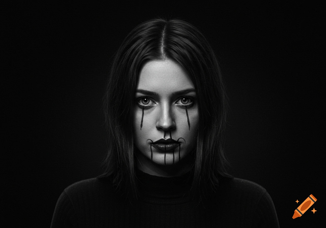 Black and white portrait of a woman with dark, dripping eye and mouth makeup.