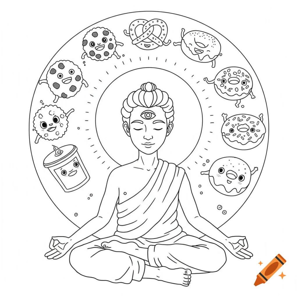 A line drawing coloring page of a figure meditating surrounded by smiling cartoon cookies, donuts, and a pretzel.
