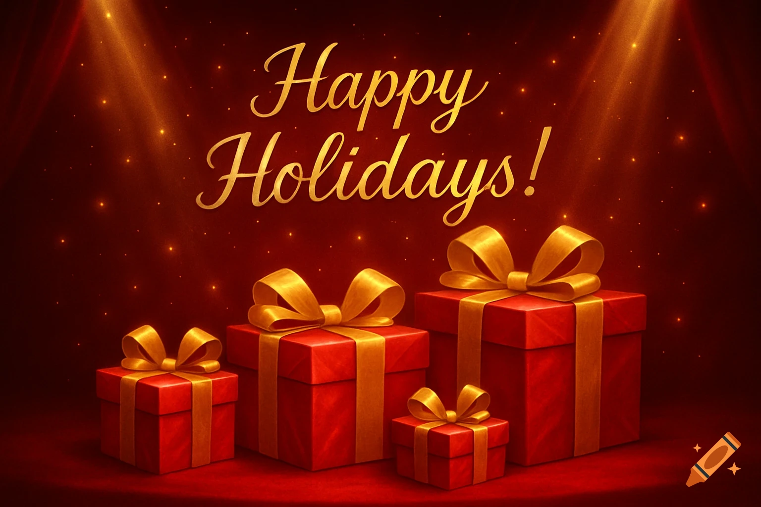 Holiday image of red gift boxes with gold ribbons under spotlights with 'Happy Holidays!' text