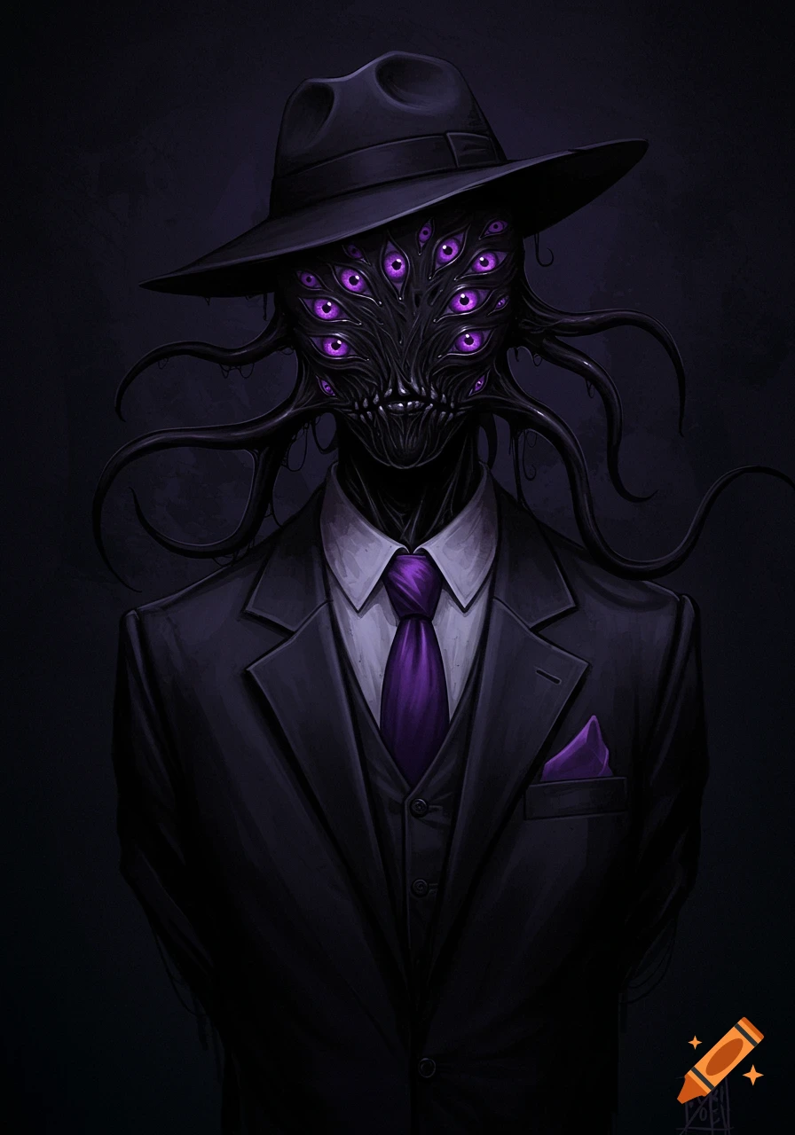 A dark, monstrous figure with many purple eyes and tentacles in a suit and fedora.