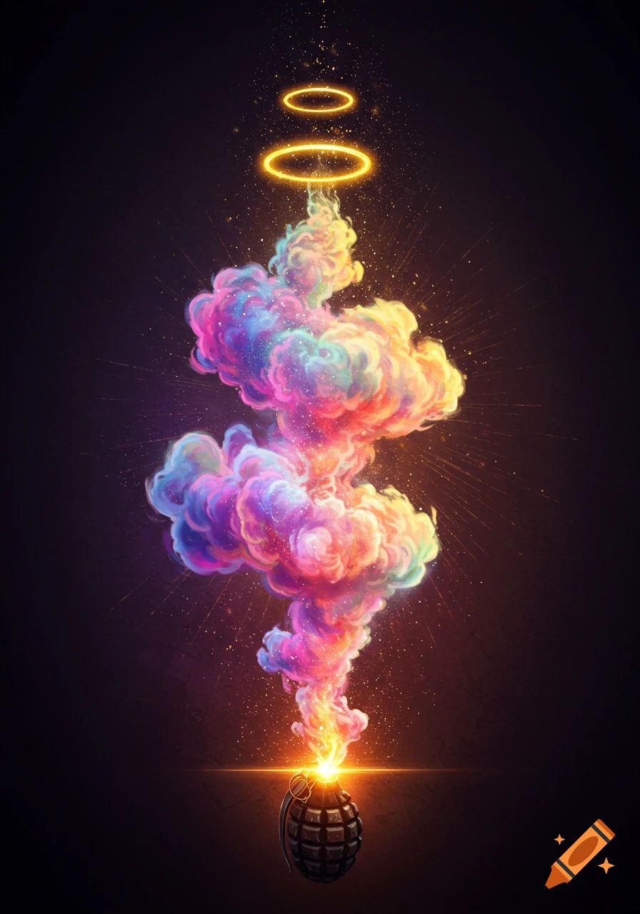 A hand grenade explodes with colorful smoke rising upwards topped by golden rings, on a dark background.
