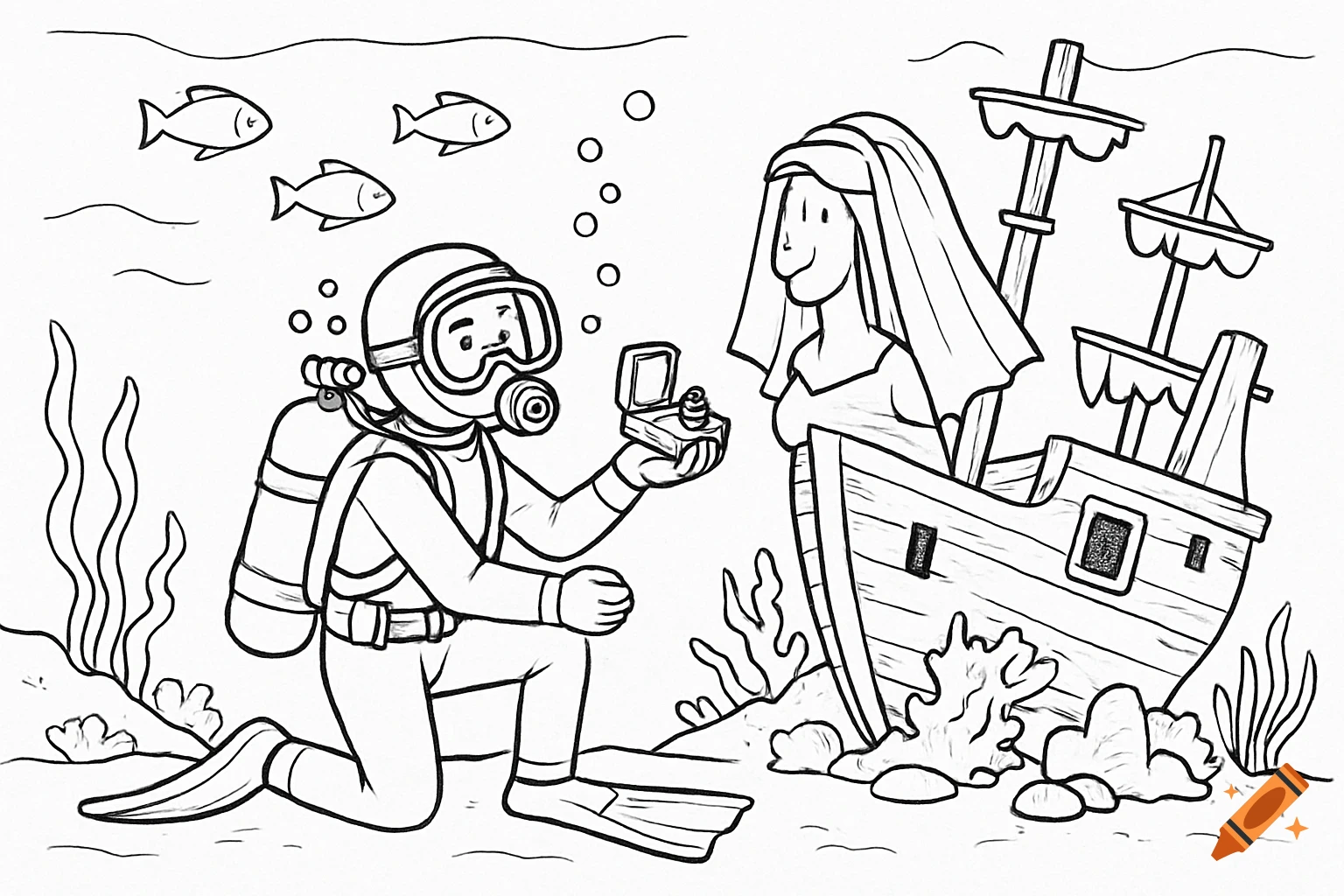 A scuba diver kneels underwater, holding a ring box towards a figure standing in a shipwreck. Line art coloring book style.