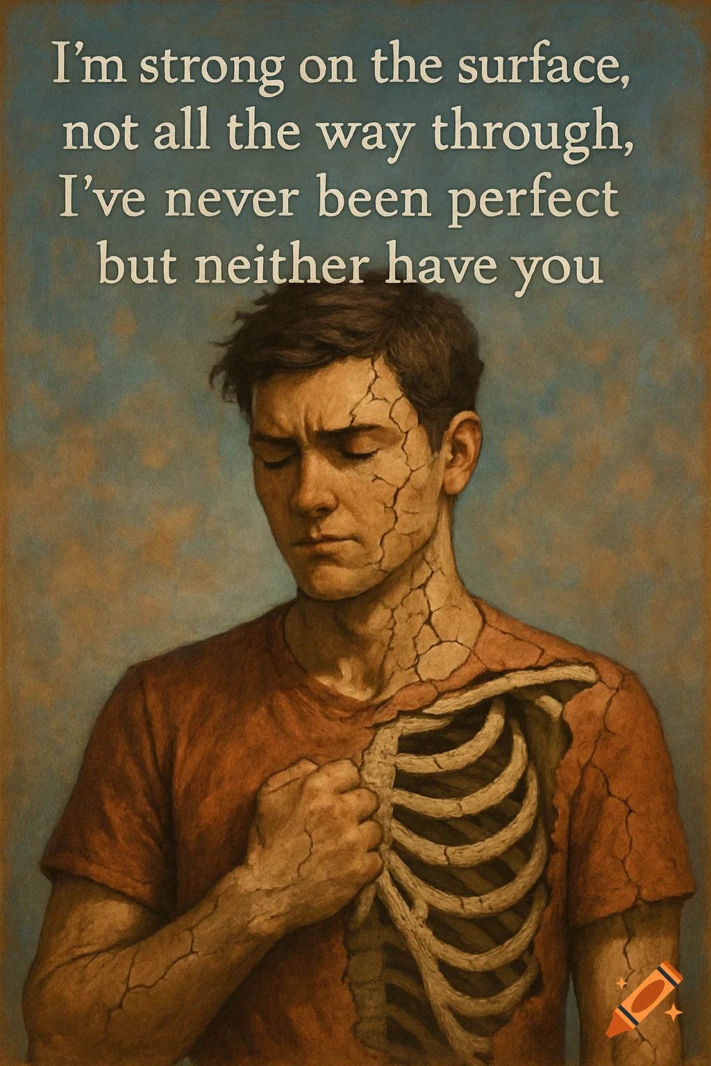 Figurative painting of a man with cracked skin and exposed ribs, illustrating vulnerability with text.