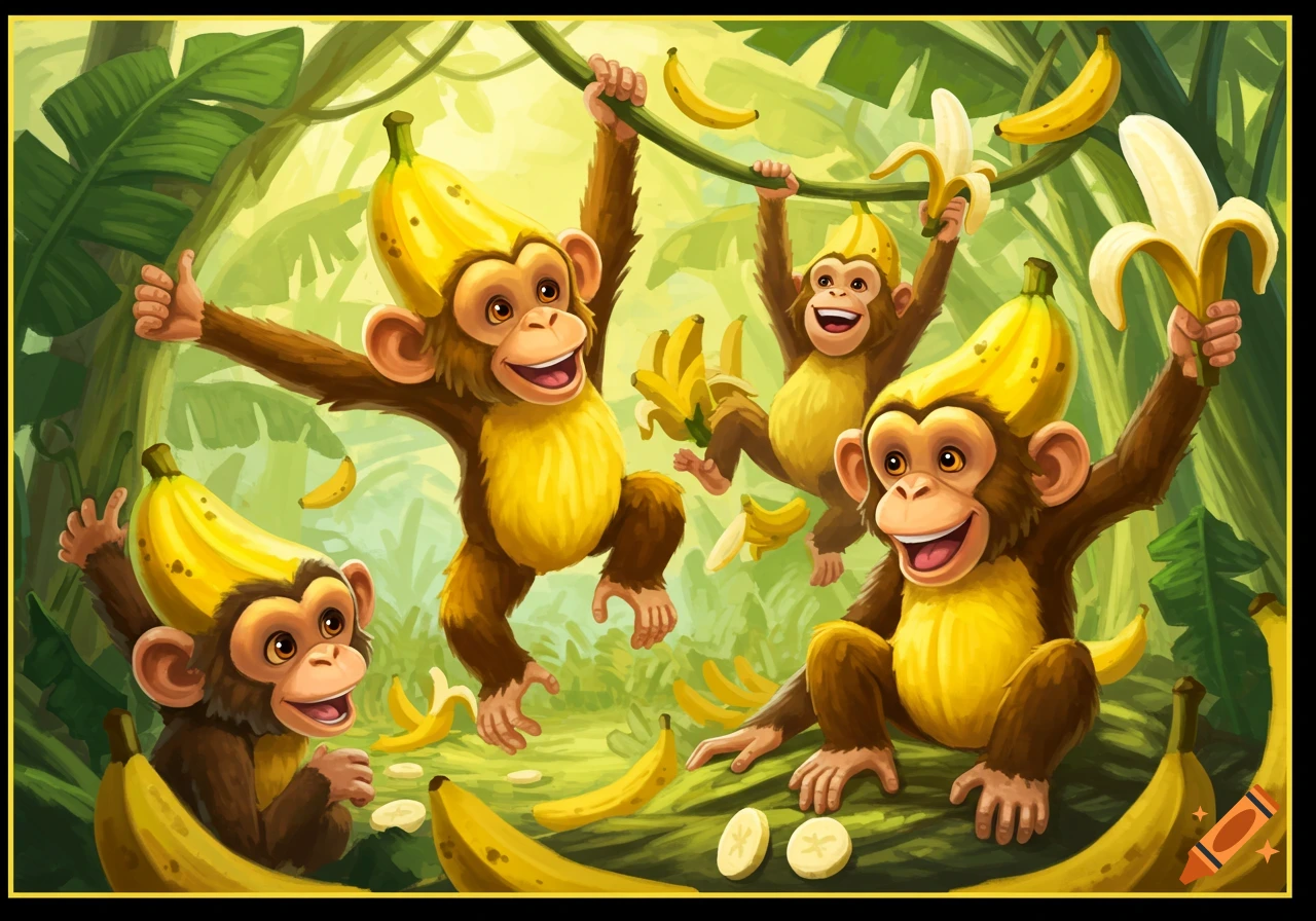 Cartoon monkeys playing with bananas in a jungle
