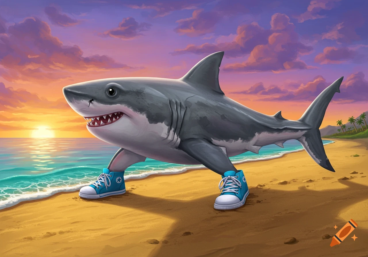 Cartoon shark with blue sneakers walking on a sandy beach at sunset.