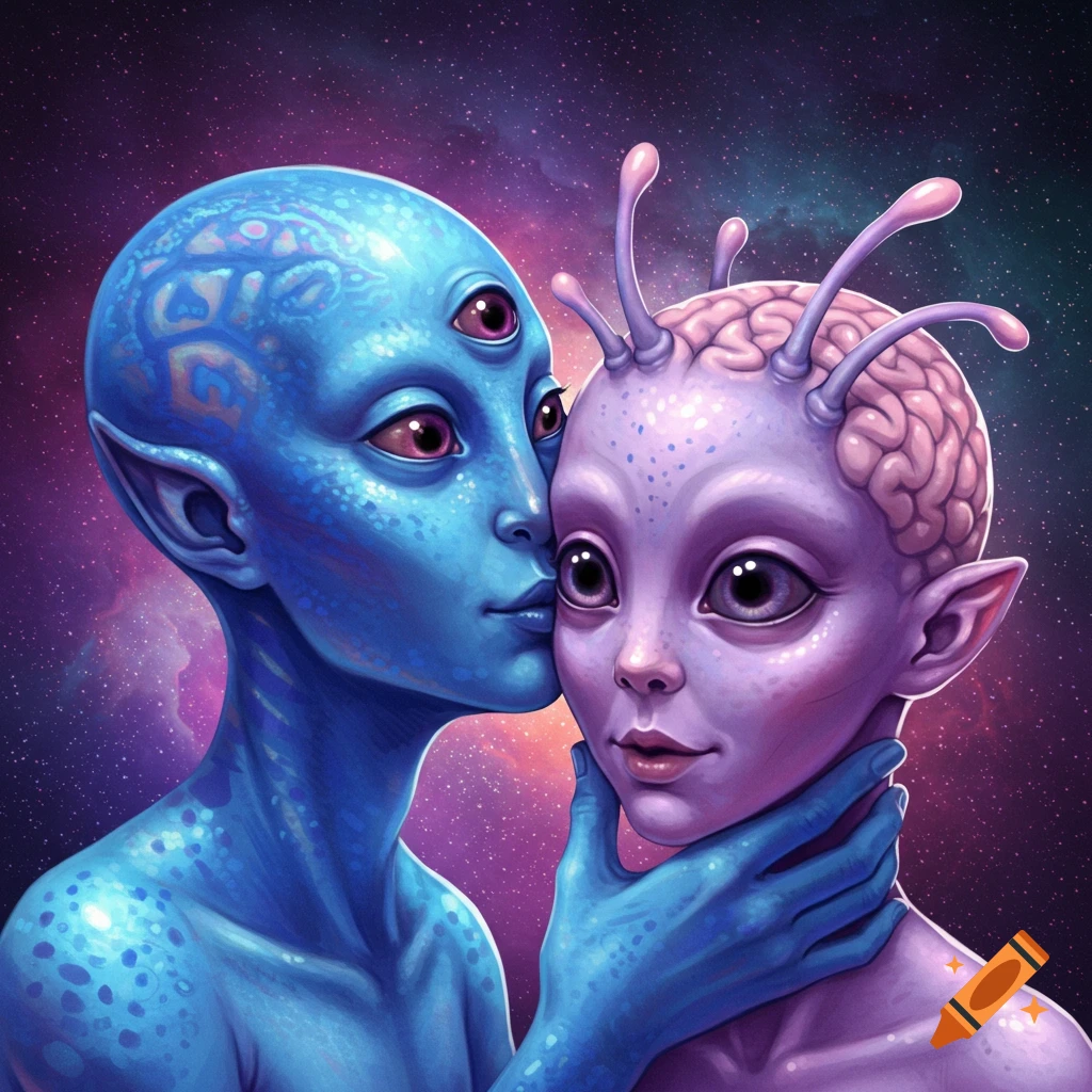 Two blue and purple stylized aliens embracing against a cosmic background