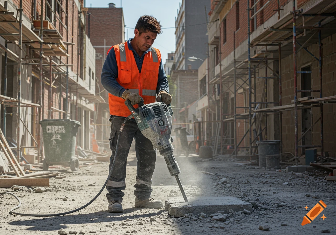 A construction worker uses a jackhammer on concrete at a construction site.