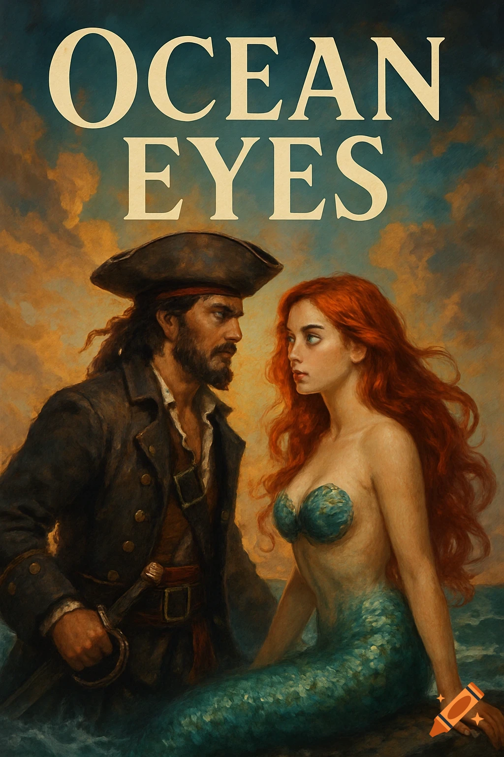 Book cover titled 'Ocean Eyes' showing a pirate and a mermaid