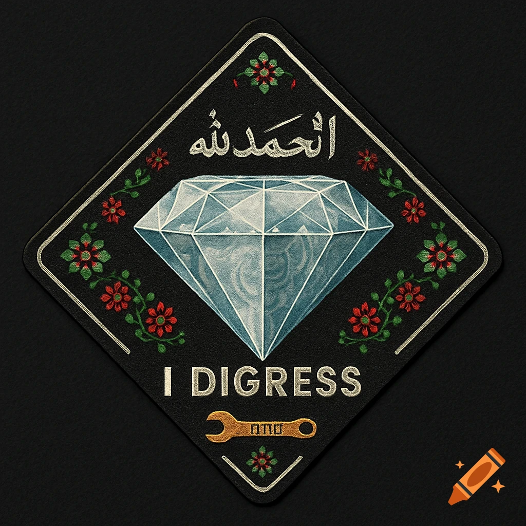 Diamond-shaped patch with a large diamond, floral motifs, Arabic text, 'I DIGRESS' text, and a wrench.