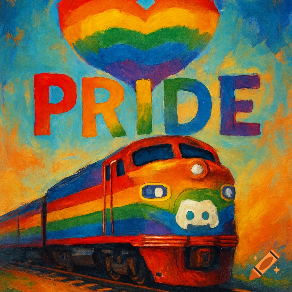 Painting of a rainbow colored train with the word PRIDE and a rainbow heart above it.