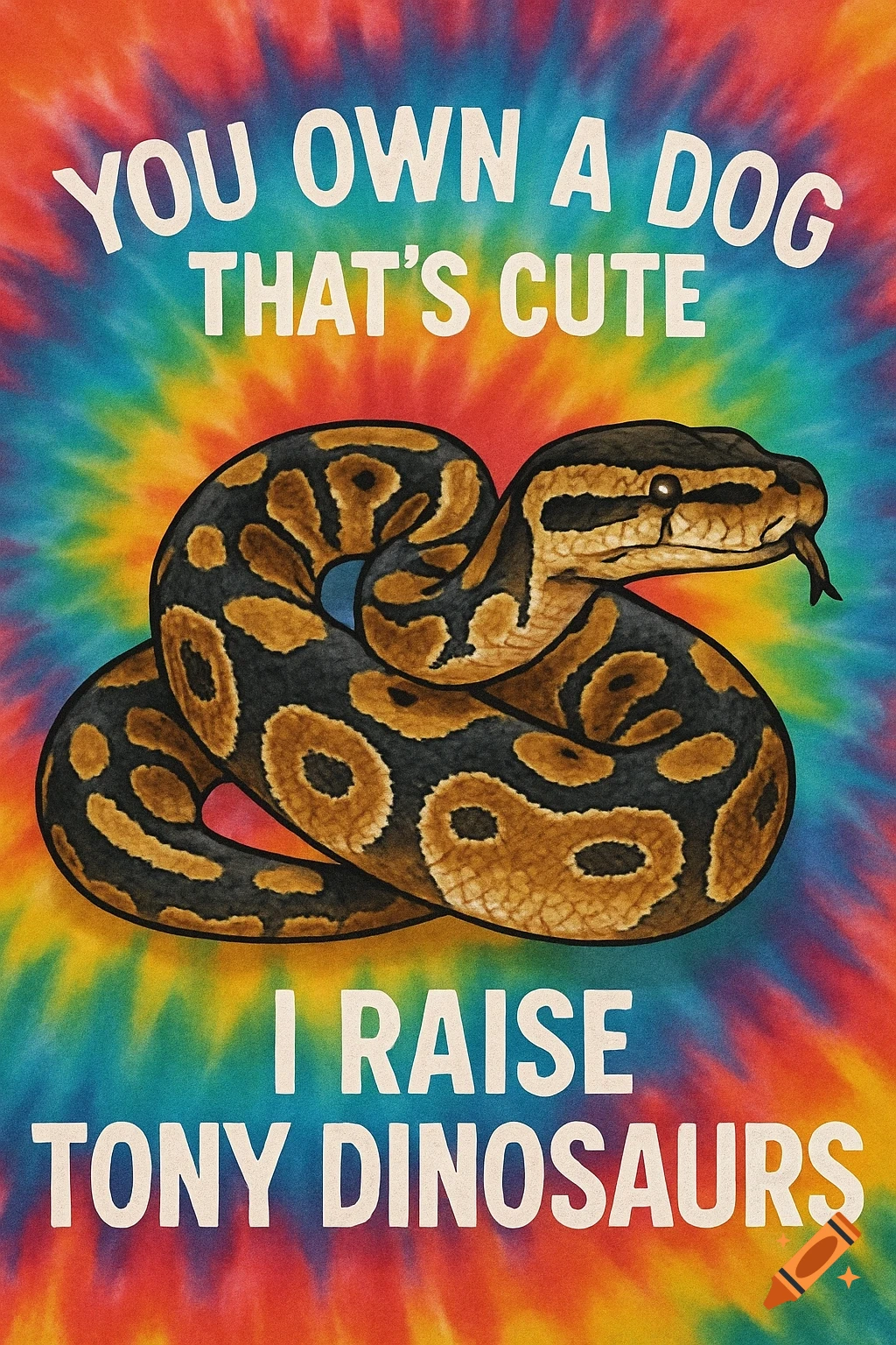 A ball python on a tie-dye background with the text 'You Own a Dog That’s Cute I Raise Tony Dinosaurs'.