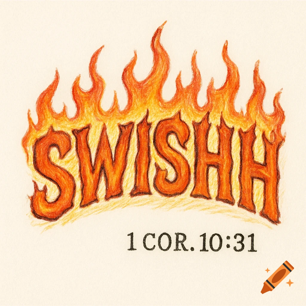 Sketch logo of the word SWISHH in orange flames with a bible verse below.