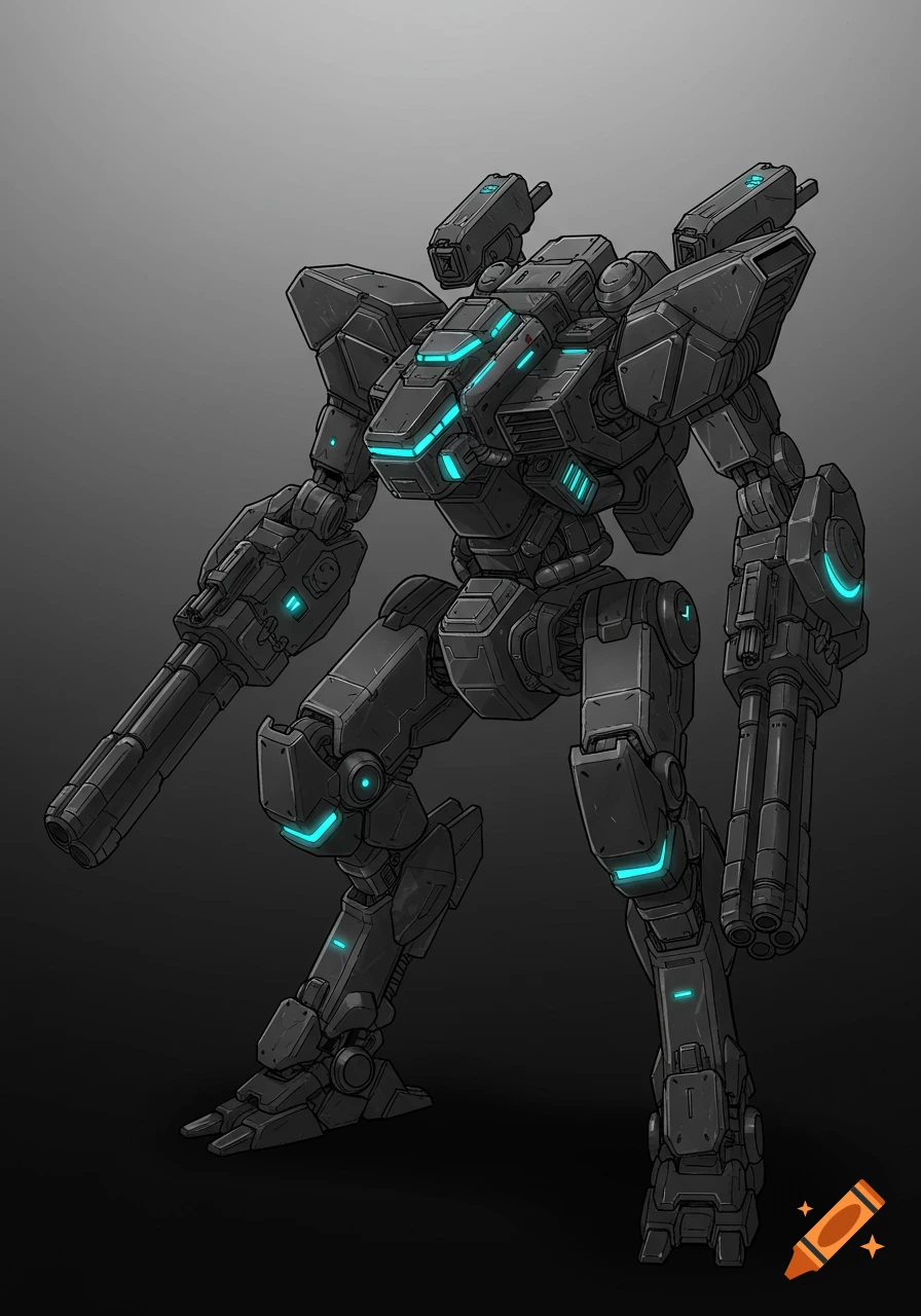 Detailed drawing of a dark grey mecha robot with glowing blue lights and large quad-barrel arm cannons.