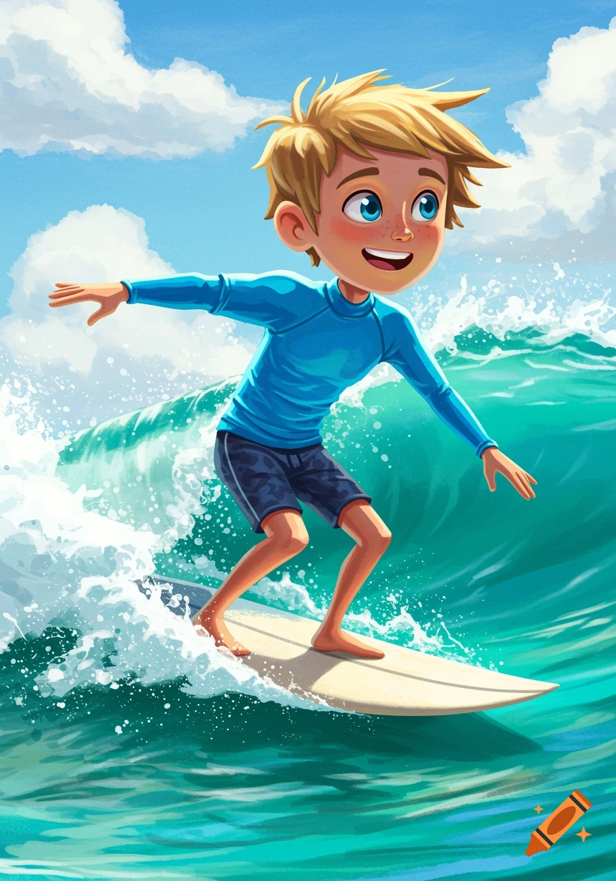 A cartoon illustration of a boy with blonde hair surfing on a large blue wave under a sunny sky.