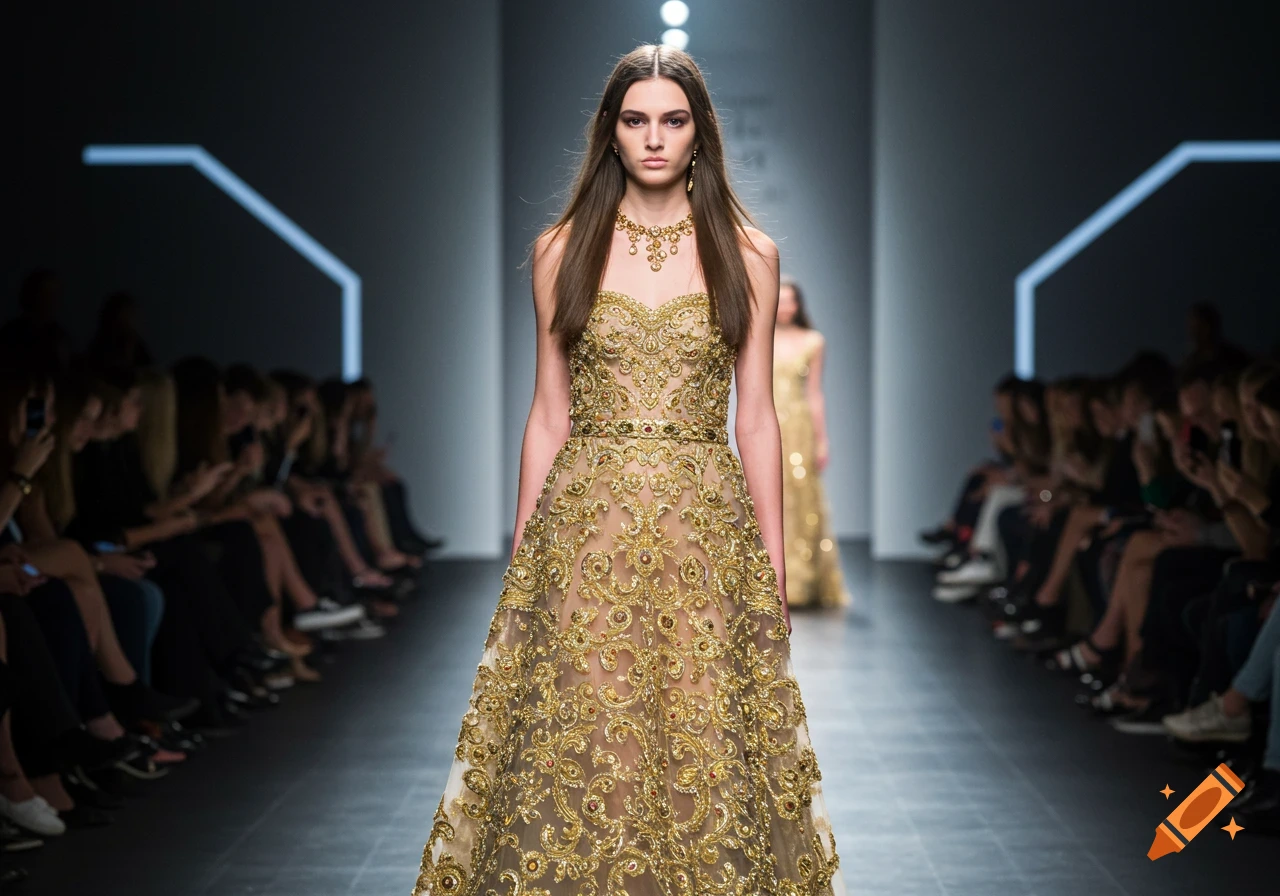 A model walks down a runway wearing a gold embellished dress.