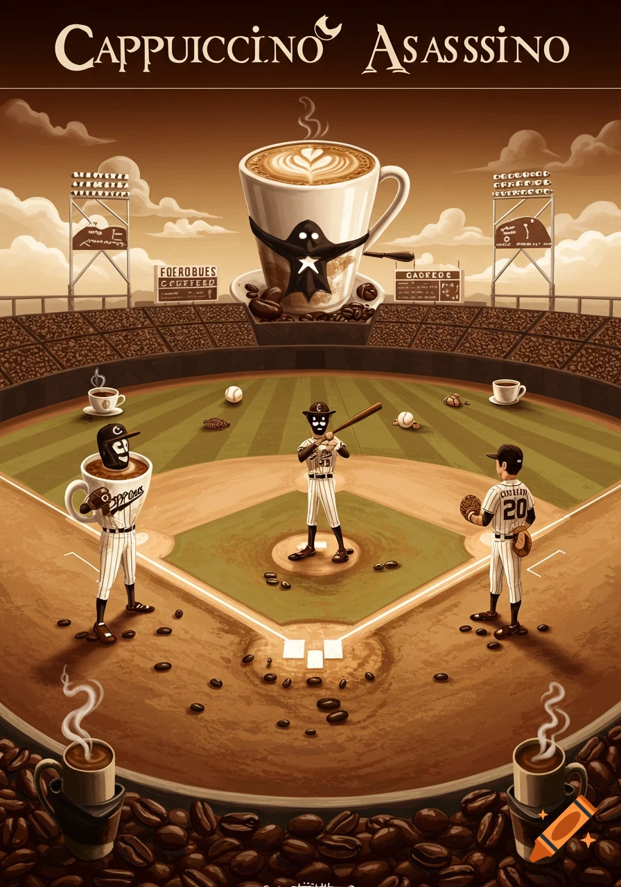 Illustrative baseball game scene with characters made of coffee cups and beans.