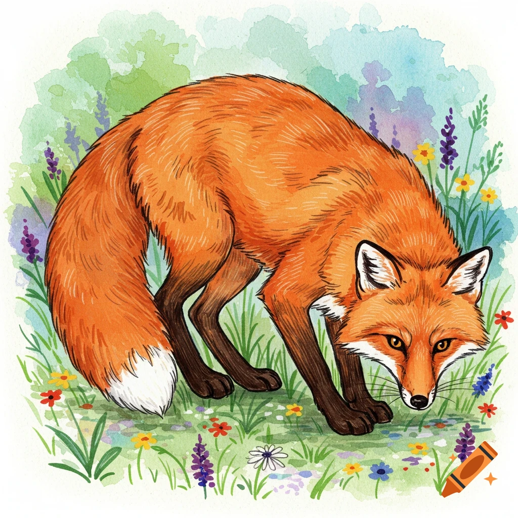 Watercolor drawing of a fox in a field of wildflowers