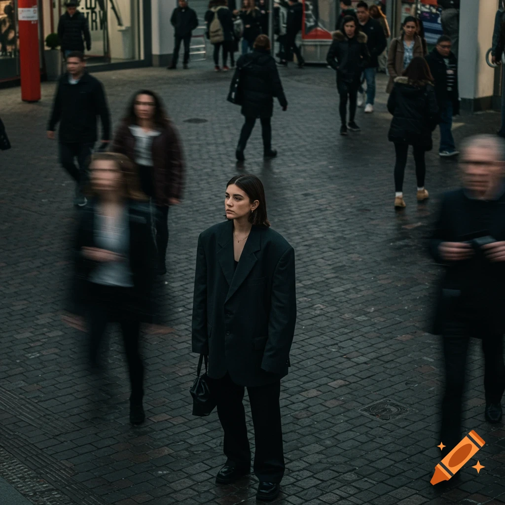 Woman in oversized black blazer standing still on a brick city sidewalk while motion-blurred people pass by.