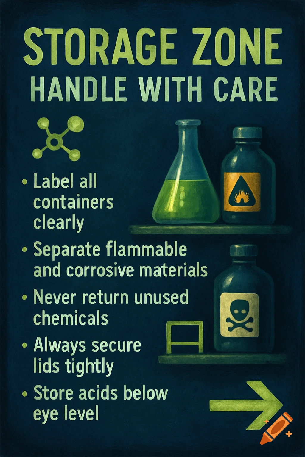 A safety sign about chemical storage with a title 'STORAGE ZONE HANDLE WITH CARE' and safety rules listed.
