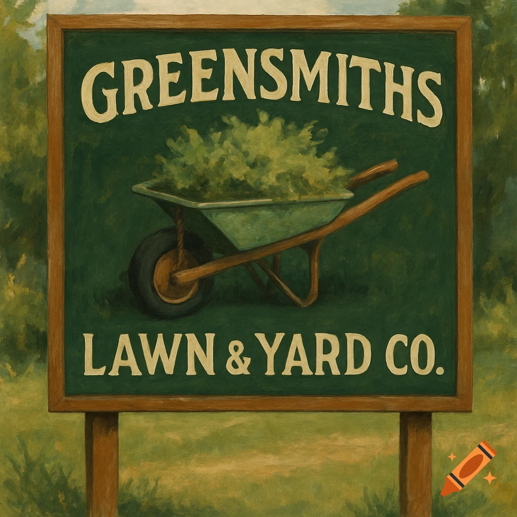 Painted sign for Greensmiths Lawn & Yard Co. with a wheelbarrow.