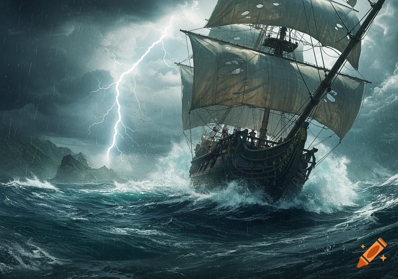 A pirate ship sails through a stormy sea under lightning.