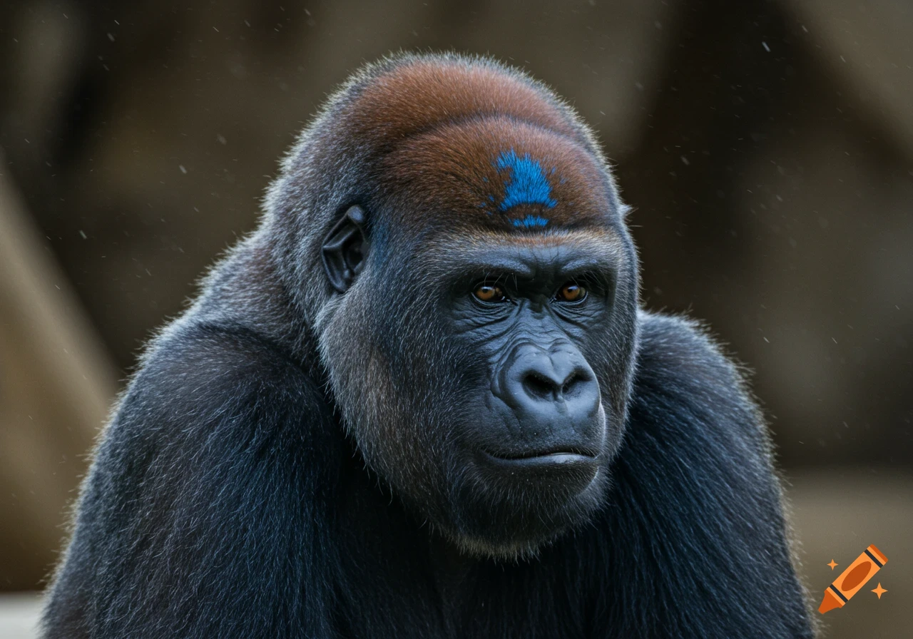 Close-up portrait of a gorilla with a blue mark on its head.