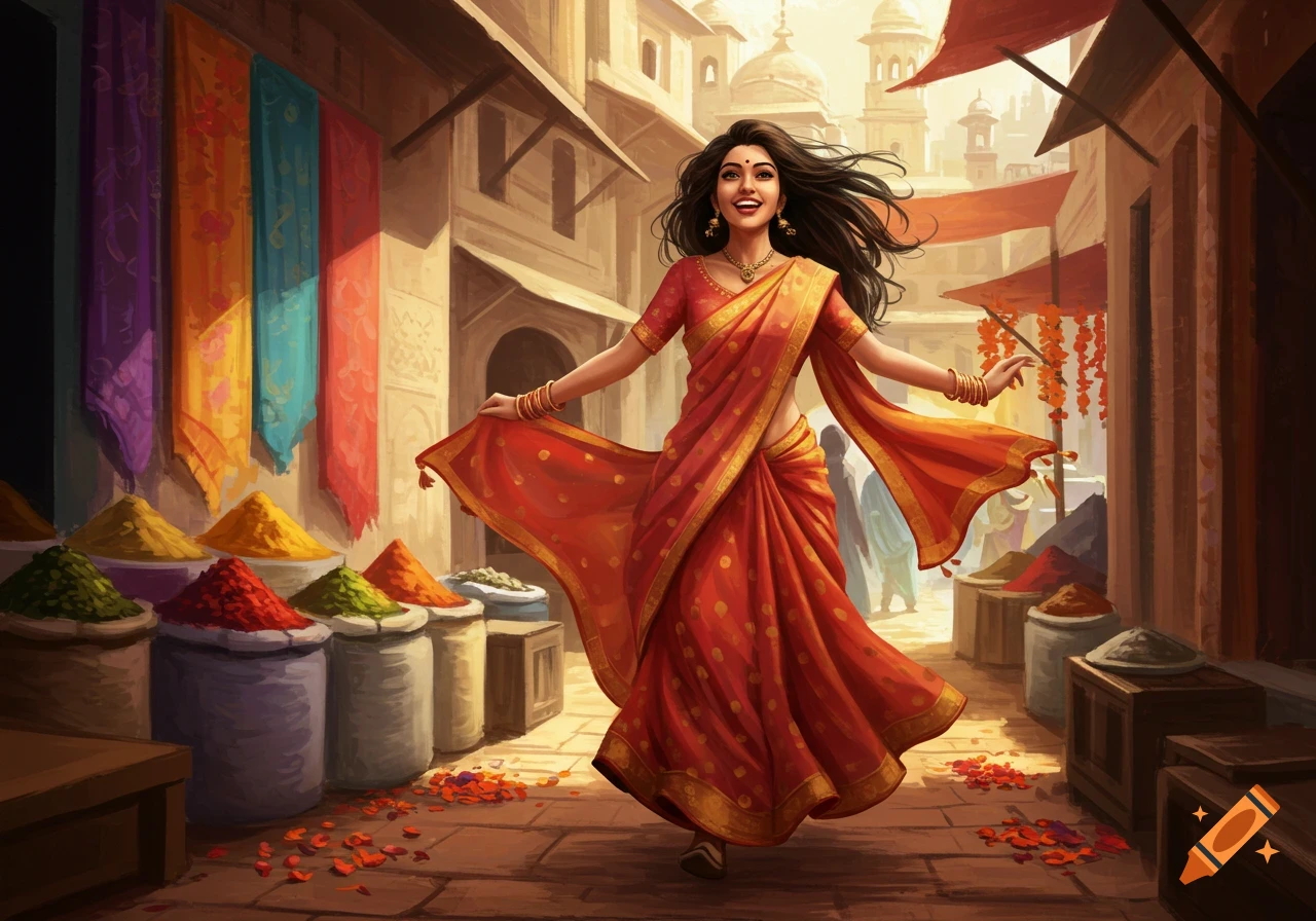 Illustration of a joyful woman in an orange sari dancing in a vibrant market among colorful spice piles.