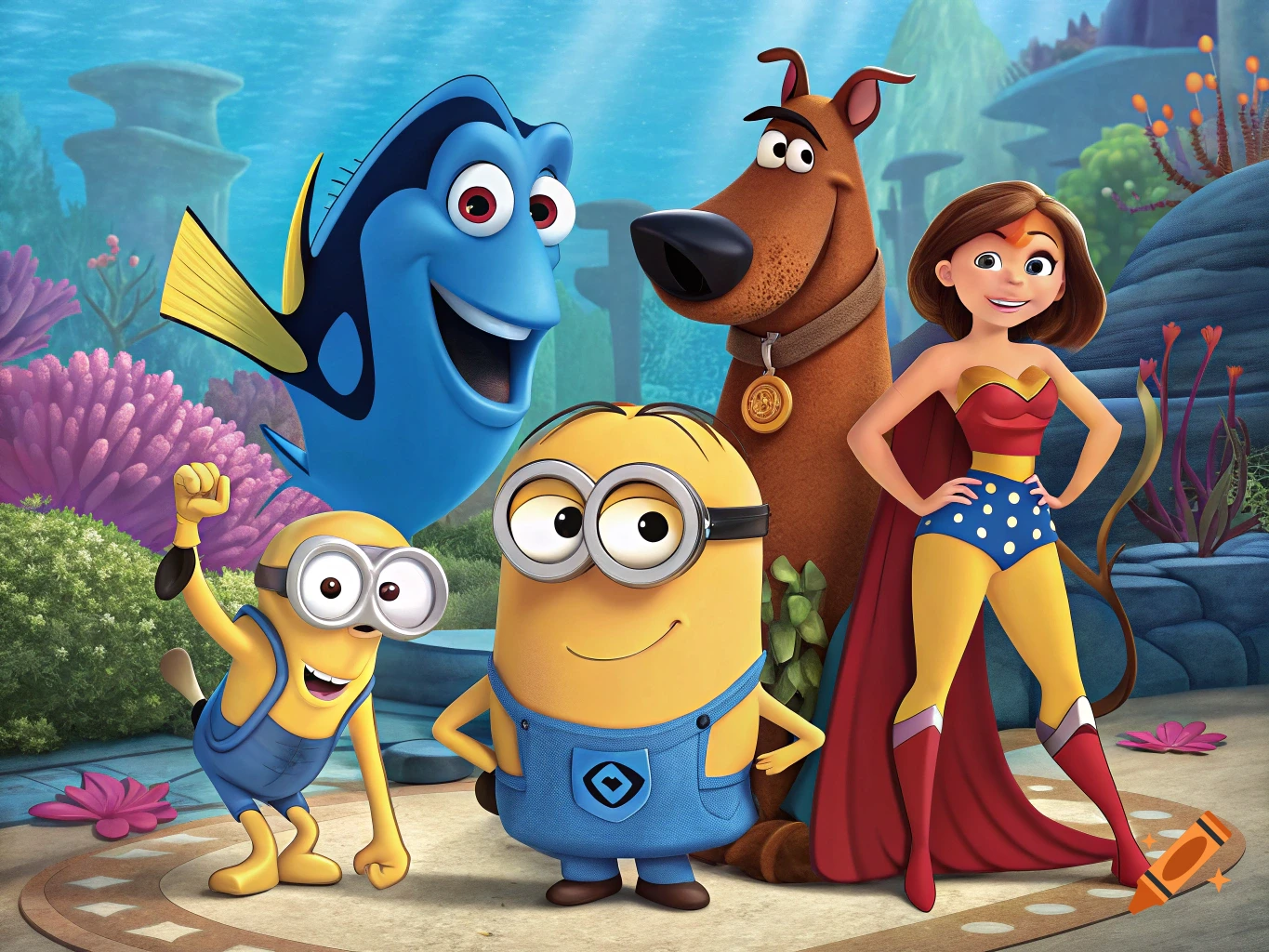 Dory, two Minions, Scooby Doo, and Wonder Woman are together in an animated underwater scene.