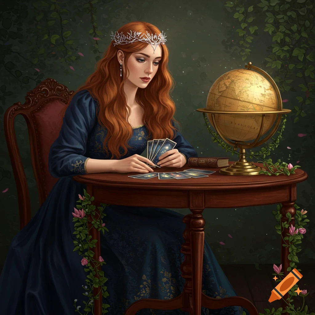 A woman in a blue dress and tiara reads tarot cards at a table with a globe and books in a room with trailing vines.