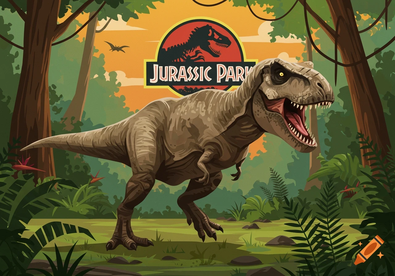 Illustration of a T-Rex dinosaur in a jungle with the Jurassic Park logo.