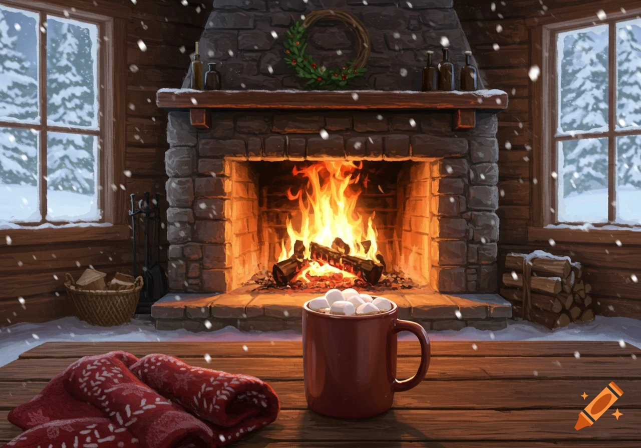 Cozy winter scene inside a cabin with a roaring fireplace, mug of hot chocolate and red blanket on a wooden table, snow falling outside windows.