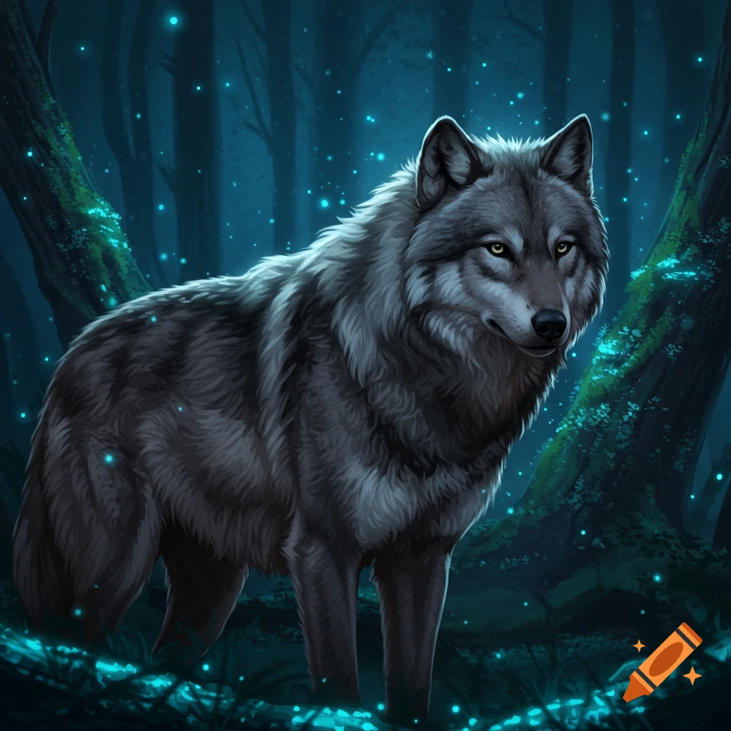 A grey wolf stands in a dark forest with glowing blue lights and trees.