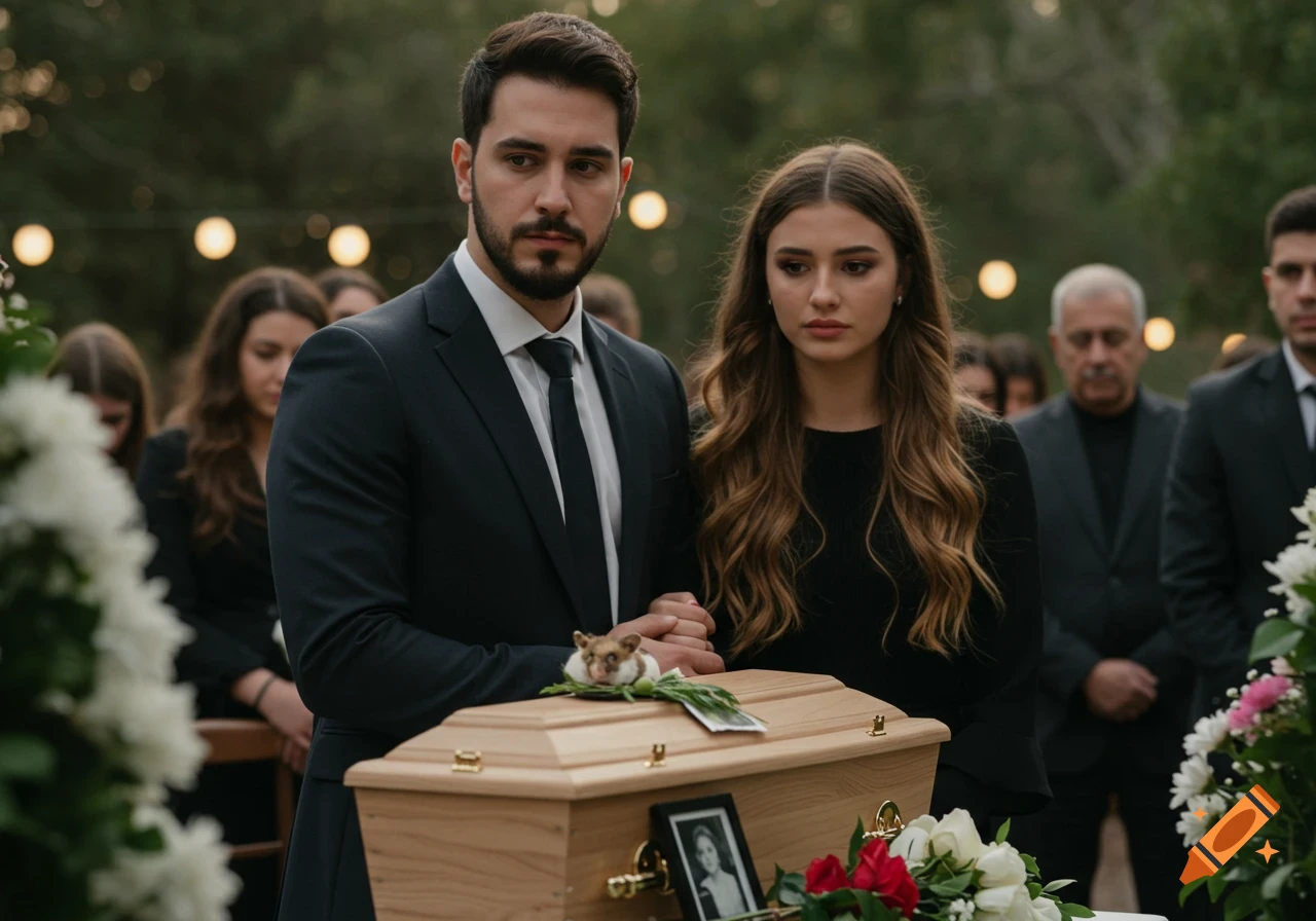Man and woman standing next to a coffin with a hamster on it at a funeral.