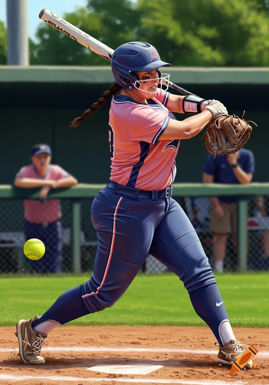 A female softball player swings a bat at a pitch.