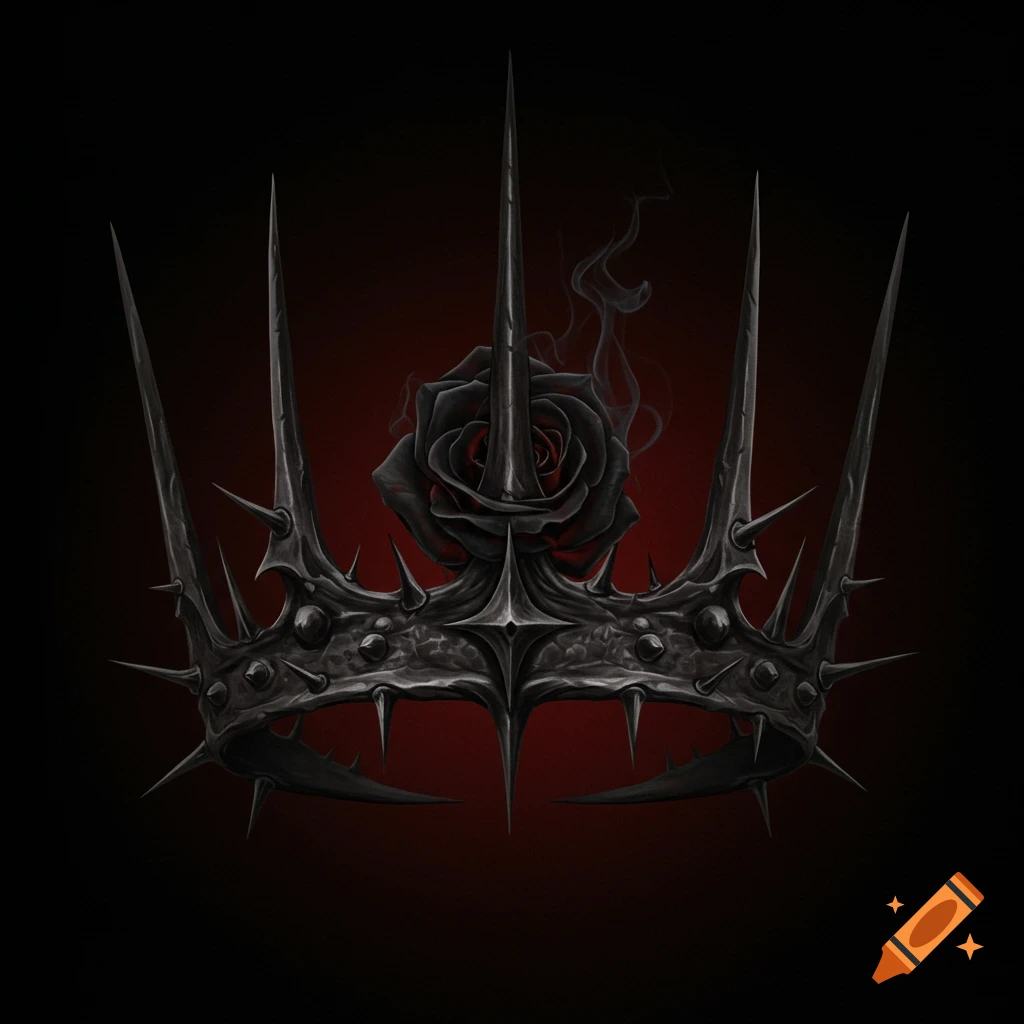 A dark, spiky crown with a black rose and smoke on a red and black background.
