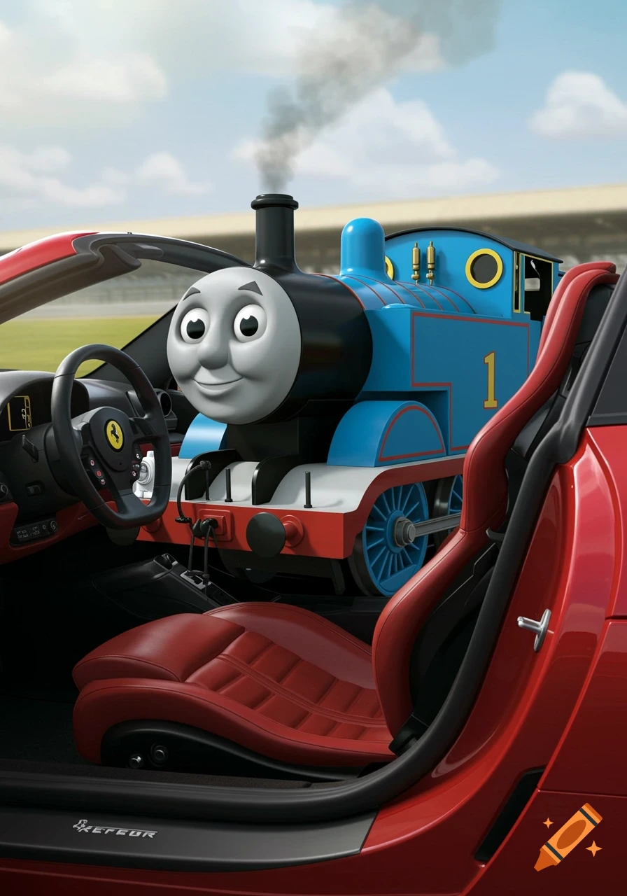 Thomas the Tank Engine sits in the driver's seat of a red Ferrari