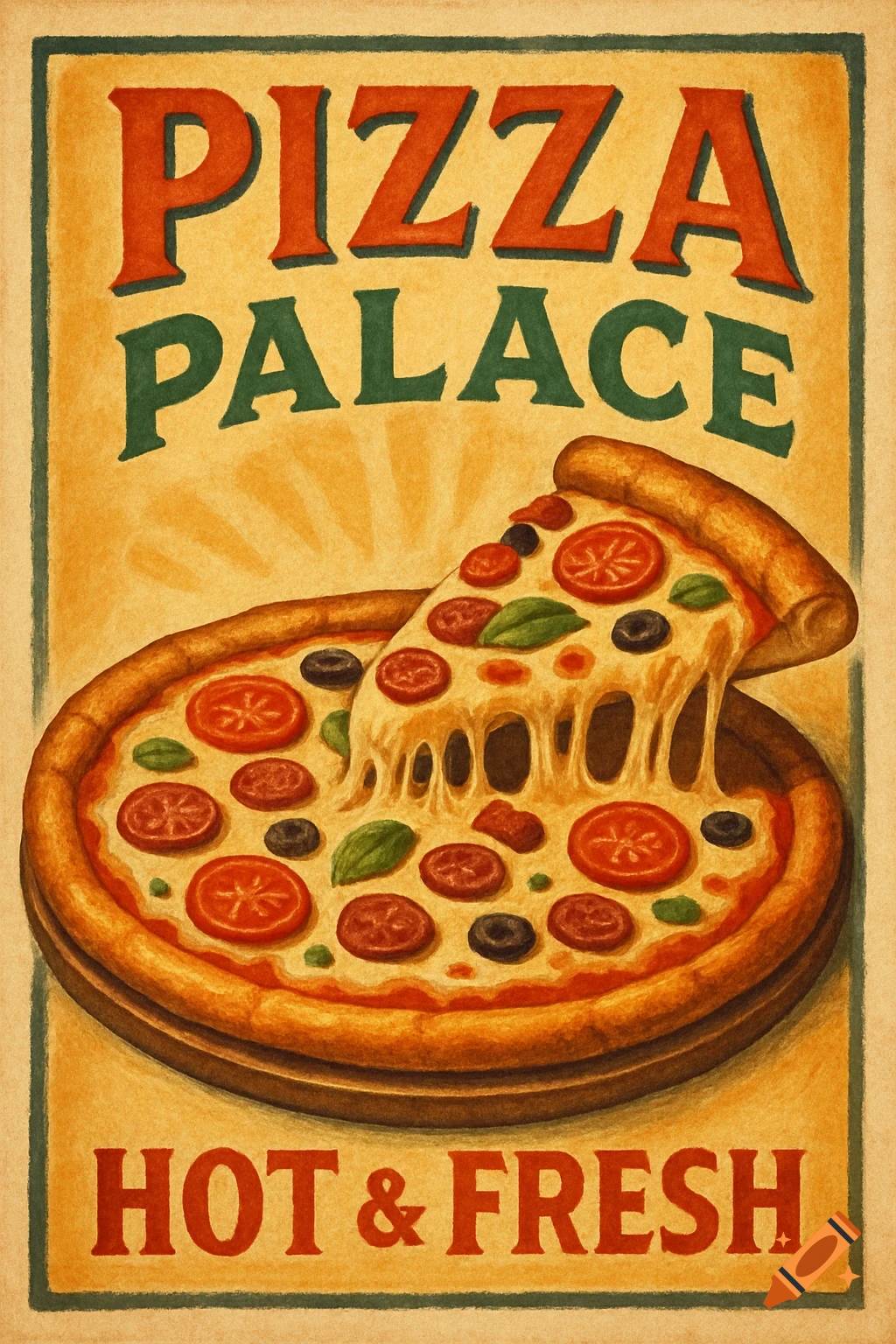 Vintage poster ad for Pizza Palace featuring a pizza slice with melting cheese. Text reads Hot & Fresh.