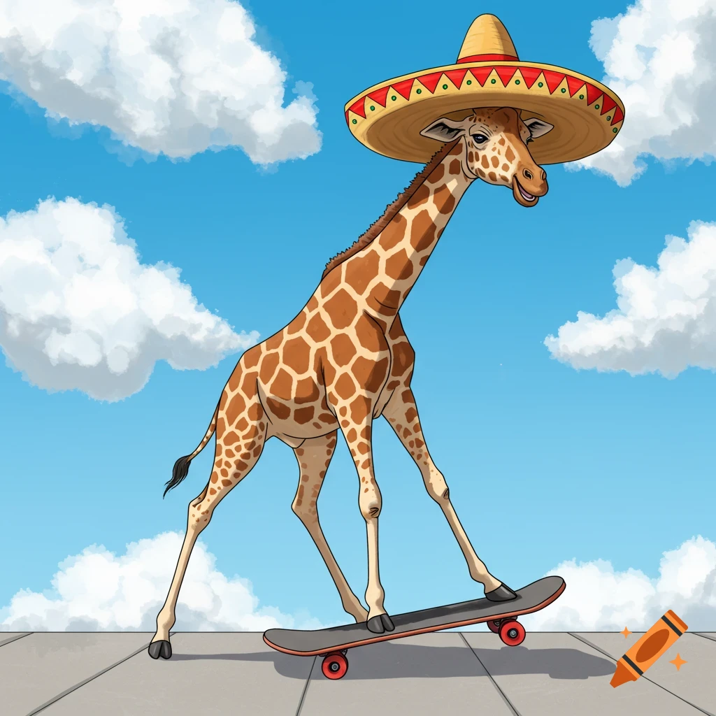 A giraffe wearing a sombrero rides a skateboard under a cloudy blue sky.