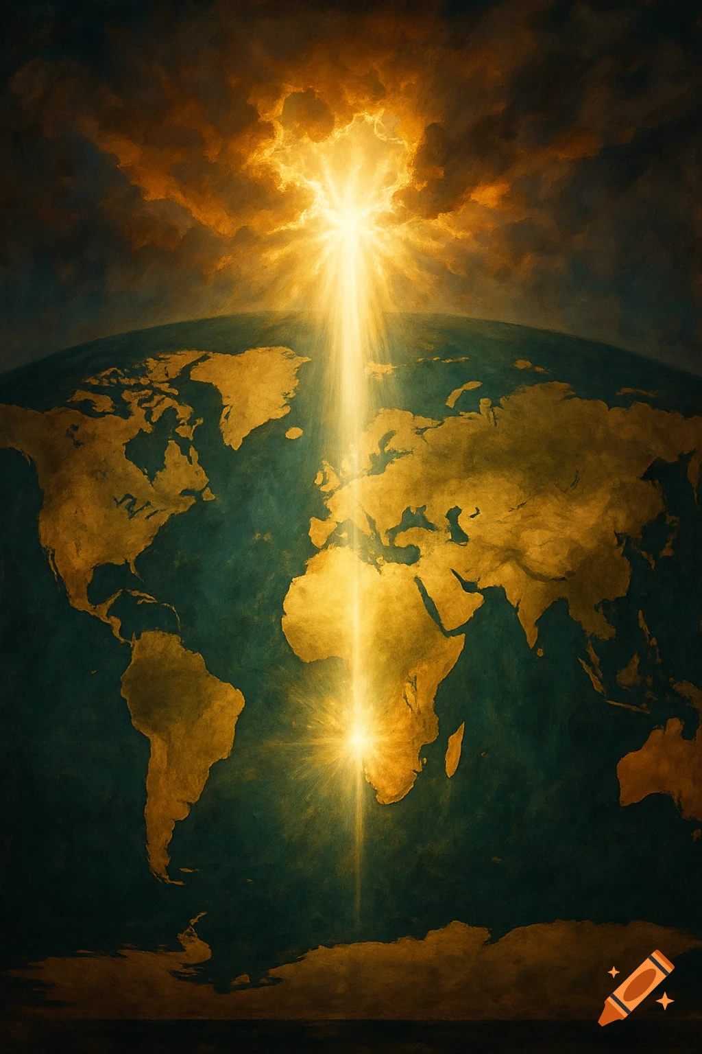 Map of the Earth seen from space with light beams from the sky