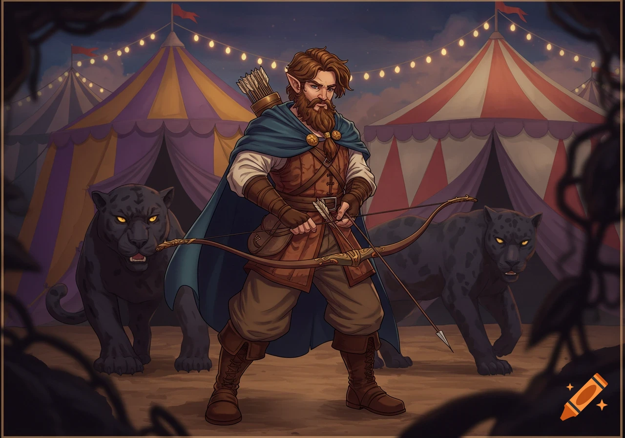 Anime fantasy character with bow and arrow and two black panthers in front of circus tents at night.
