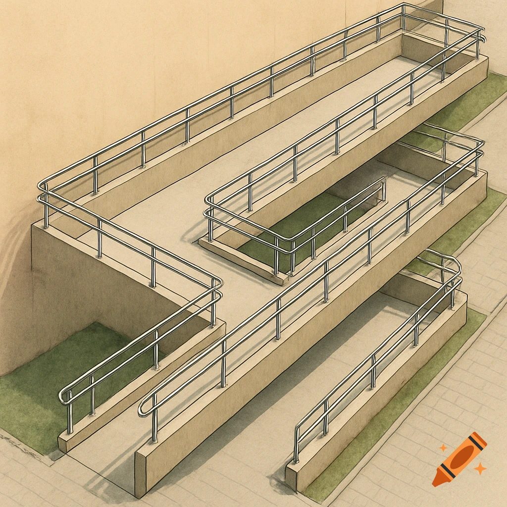 A detailed architectural drawing of a zig-zag wheelchair ramp.