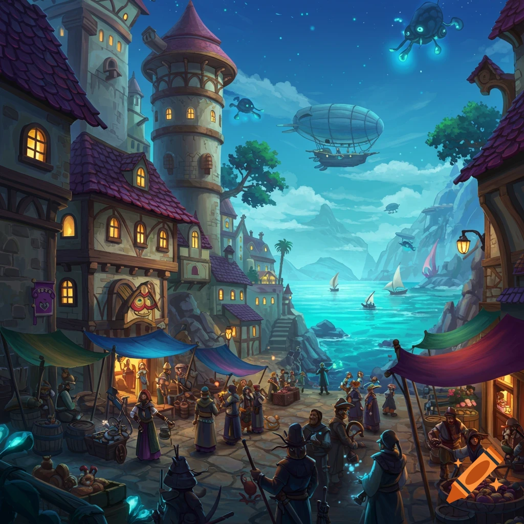 Fantasy port town at night with market, airships, and strange flying creatures.