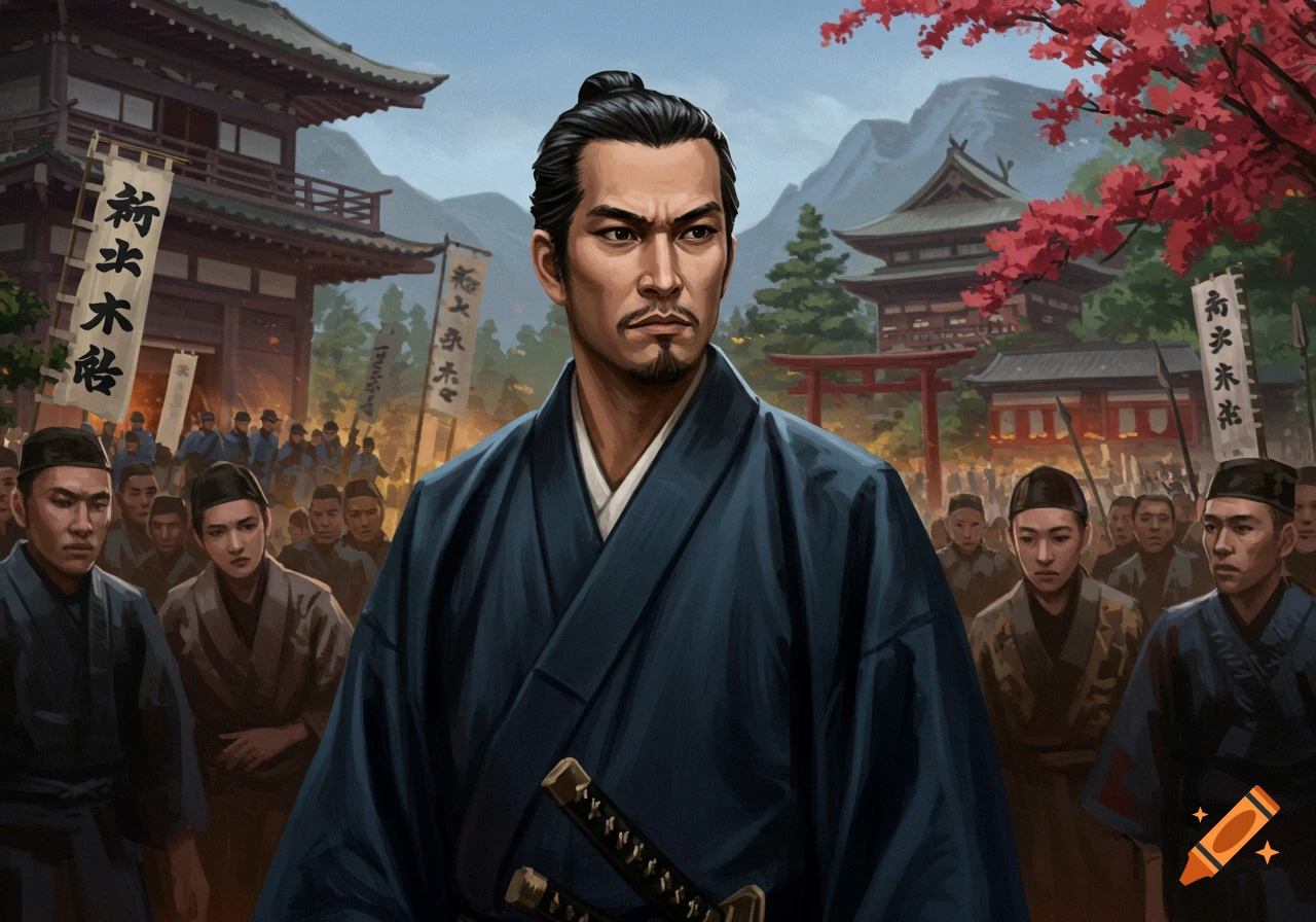 Samurai in traditional clothing standing before a crowd and temples in historical Japan.